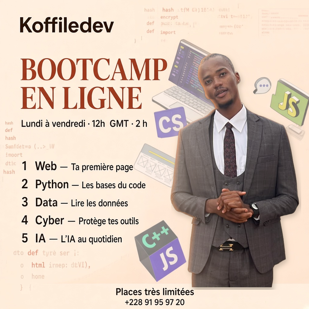 Affiche Bootcamp en ligne MyHub : cinq soirs, web, Python, data, cyber et IA, 12 h GMT.